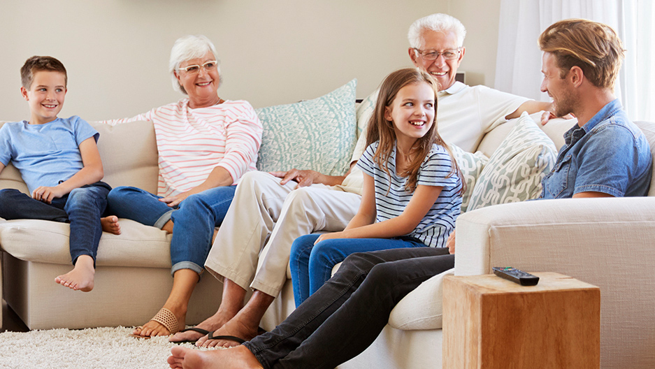 family talking on couch